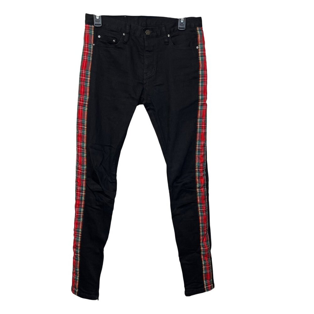 MNML Jeans Men’s Black Plaid Trim Leg Zips Button Fly Size 30 Academia Preppy